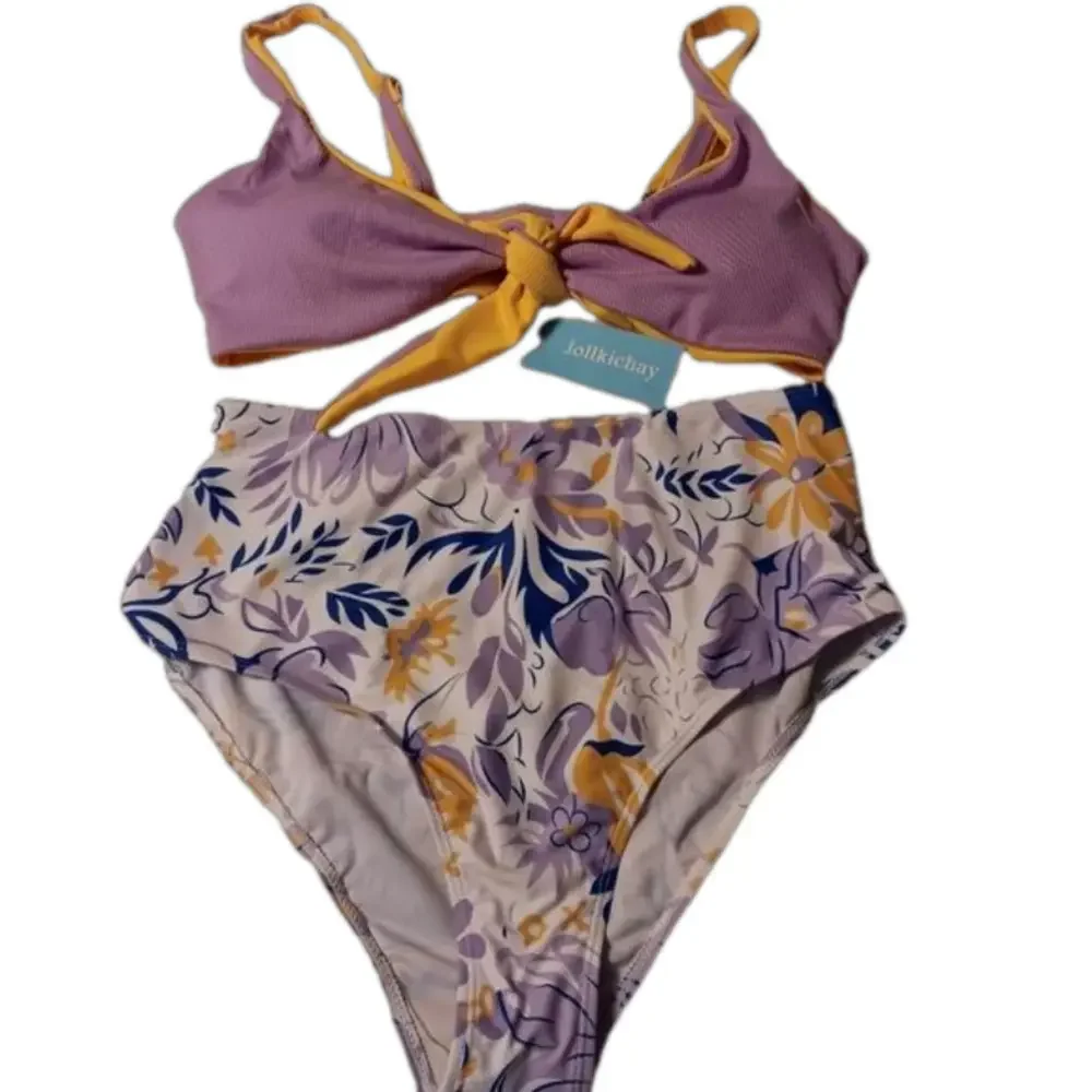 Jollkichay Purple & Yellow Knot‎ Tie Top with Floral High Waisted Bottom Bikini